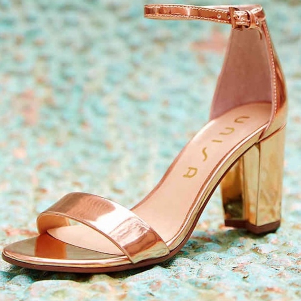 Rose Gold Metallic Block Heeled Sandals